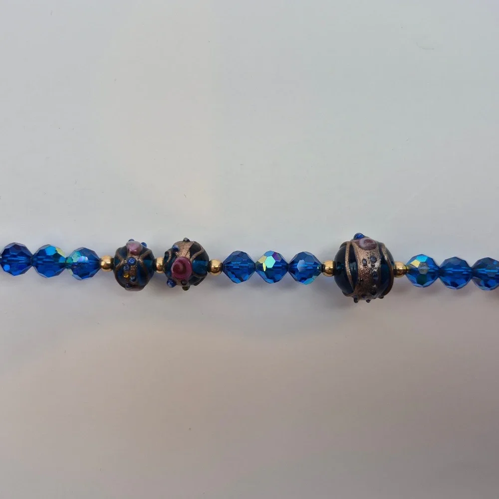 Vtg Venetian Wedding Cake Necklace Blue Pink Gold Glass 27